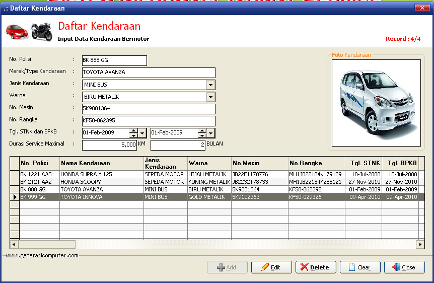 Detail Program Aplikasi Jadwal Service Dan Perpanjang Surat Kendaraan